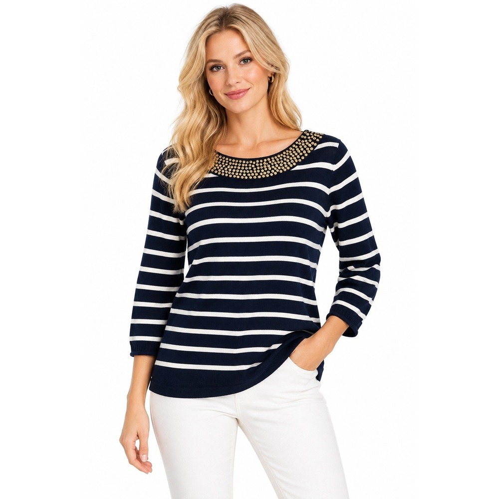 Saks Fifth Avenue XL Striped Sweater Gold Studded Neck Nautical Preppy Coastal